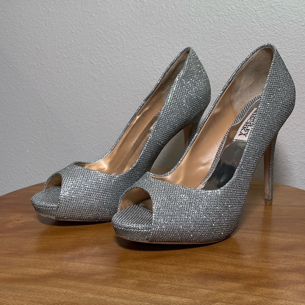 Badgley Mischka Ponderosa Silver Sparkle Stiletto Heel Sequin Pumps Shoes Size 8
